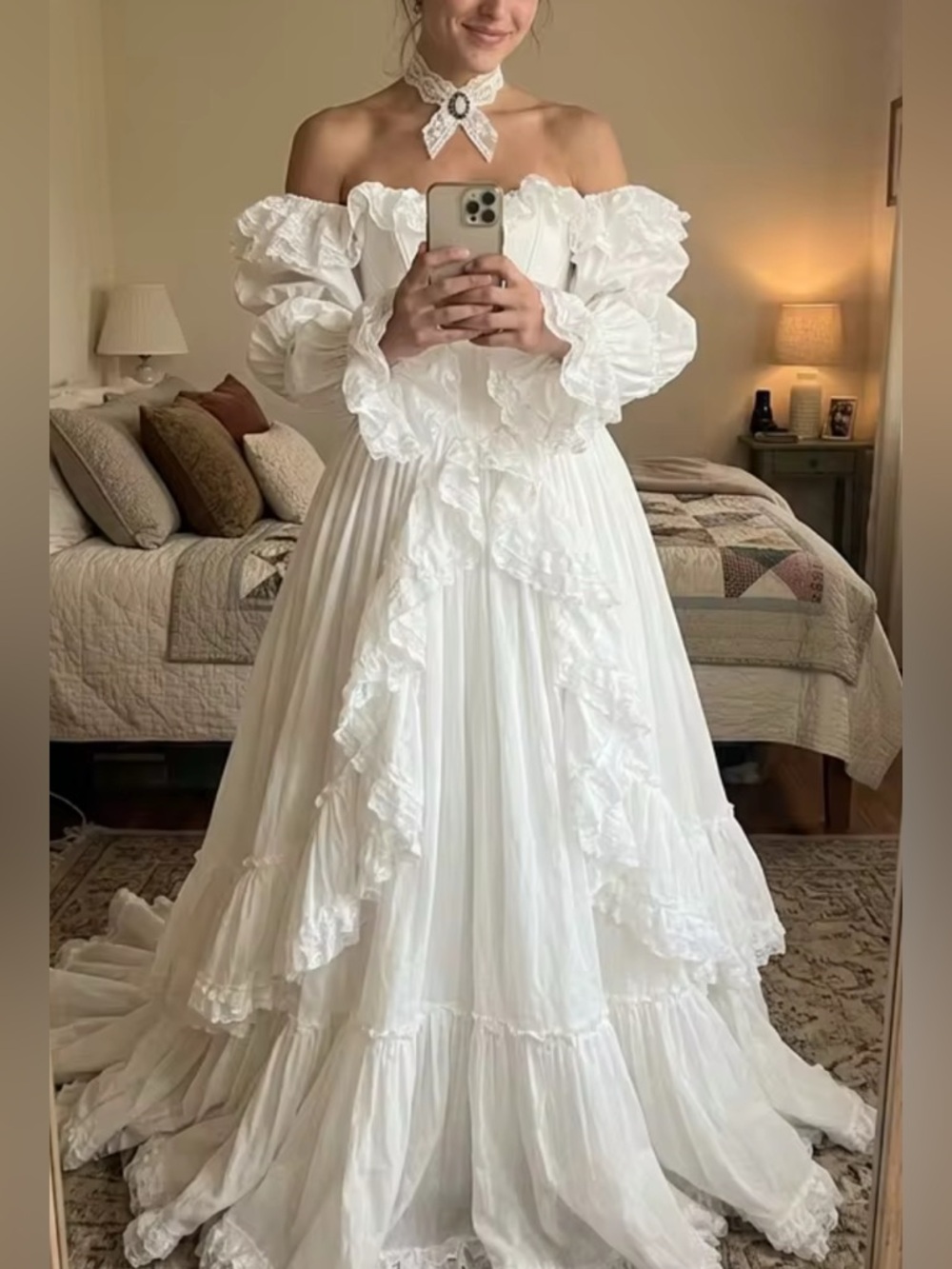 NEW $780 Lady Danbury Romantic Off-Shoulder White Ruffled Maxi Dress